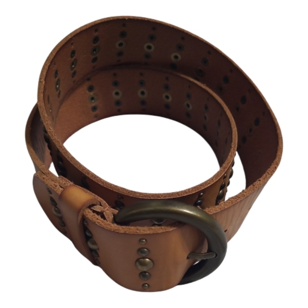 Talbots Tan Leather Studded Belt with Round Antique Brass Buckle